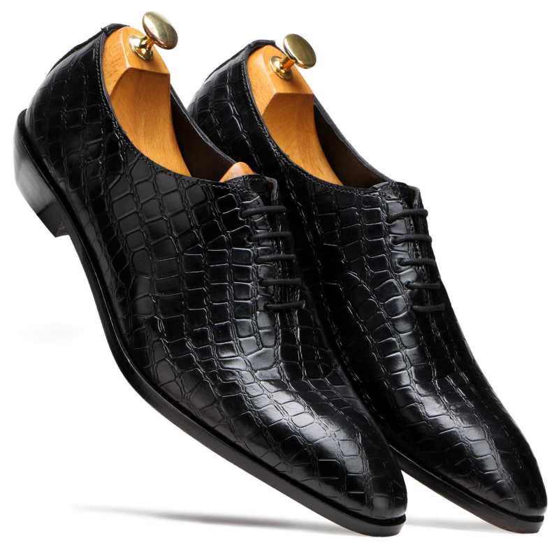 Men’s Black Crocodile-Texture Leather Oxford Shoes | Luxury Formal Wear