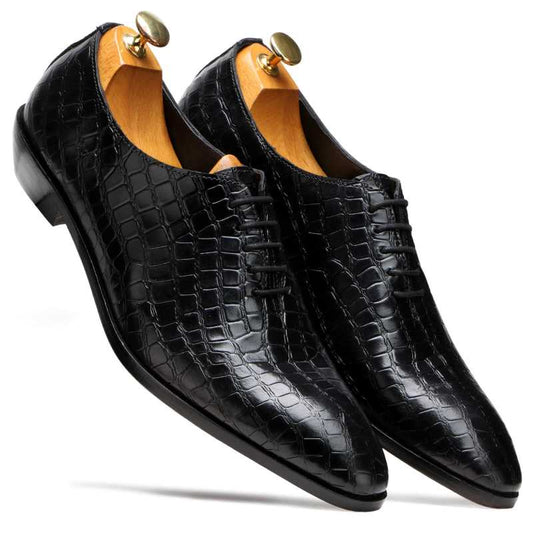 Men’s Black Crocodile-Texture Leather Oxford Shoes | Luxury Formal Wear